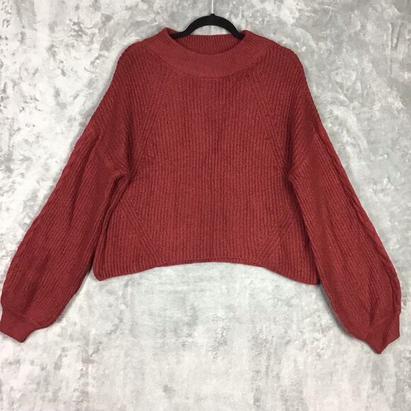 BP Women’s Red Pomegranate Cropped Cable Knit Sweater Balloon Sleeve Size L NWT - Picture 2 of 8